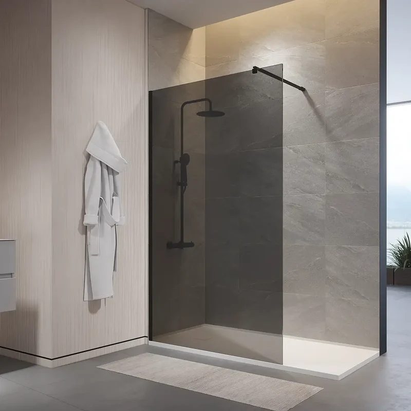 Doccia walk-in 110cm vetro temperato anticalcare 10mm fumé profili neri | Naxos