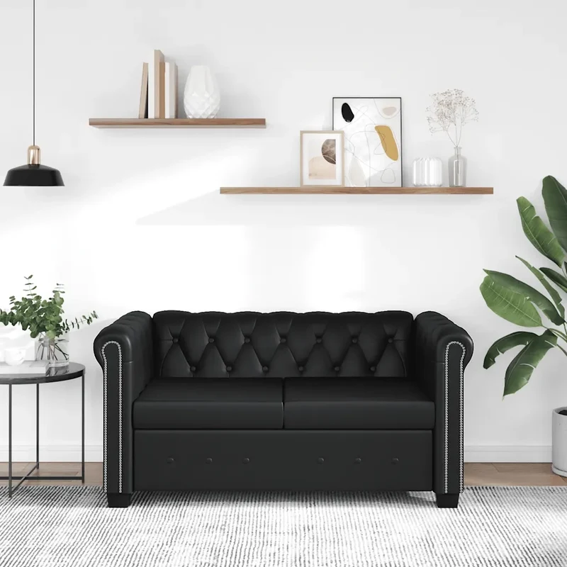 Divano Chesterfield a 2 Posti in Finta Pelle Nero 242369