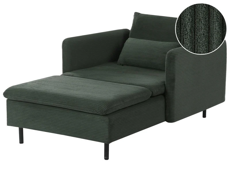 Chaise longue in velluto a coste verde scuro, imbottita con cuscini, design moderno