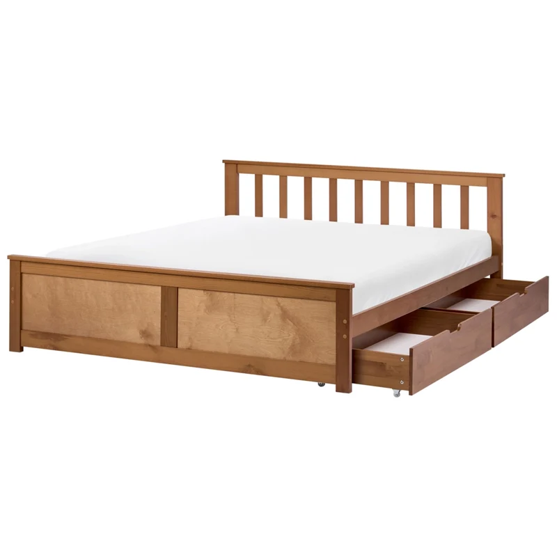 Letto matrimoniale in legno di Pino marrone con contenitore e 2 cassetti 120 x 200 cm Testiera a doghe minimalista