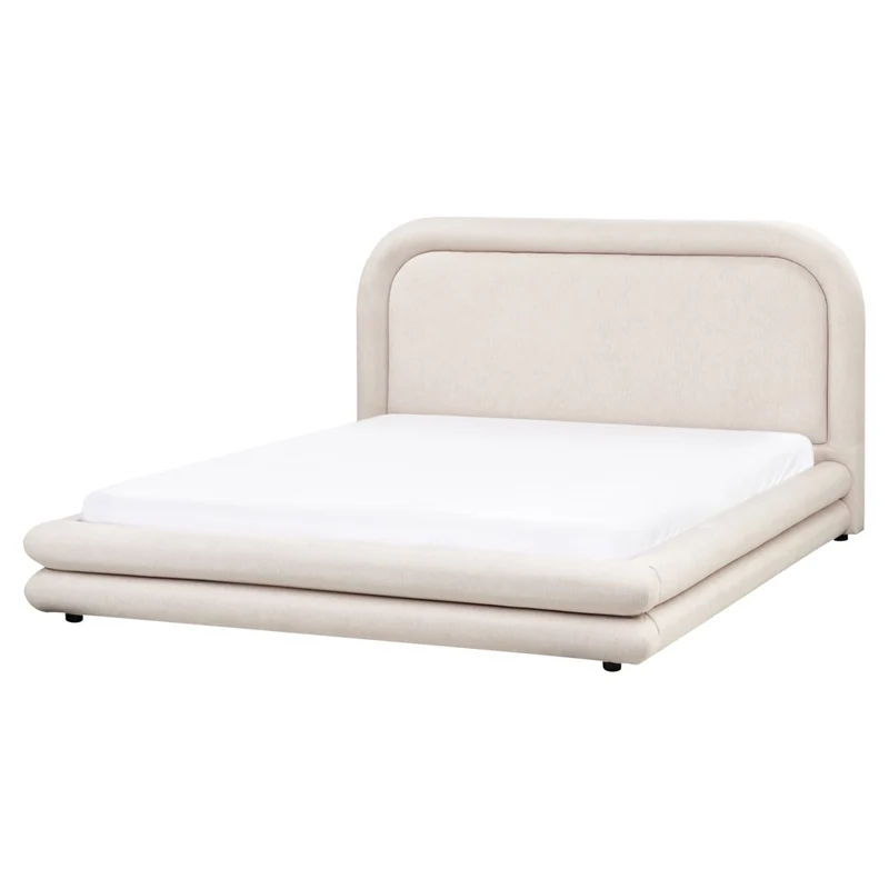 Letto imbottito in tessuto beige chiaro con testiera e giroletto 160 x 200 cm camera da letto elegante