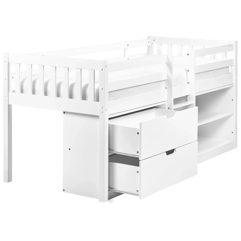 Letto per bambini in legno bianco UE misura singola 90 x 200 cm con telaio a doghe cassetti e ripiani letto per bambini piccoli
