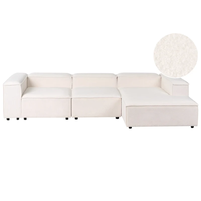 Divano moderno lato sinistro a 4 posti in tessuto bouclè bianco sporco e stile moderno contemporaneo