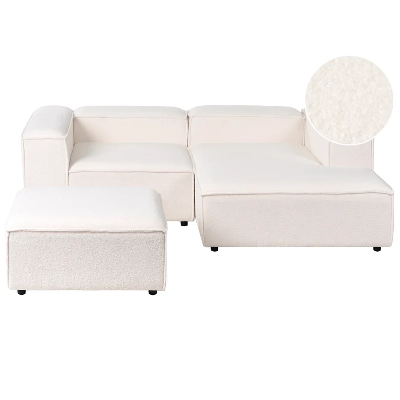 Divano angolare lato sinistro a 3 posti in tessuto bouclè bianco sporco con ottomana stile moderno contemporaneo