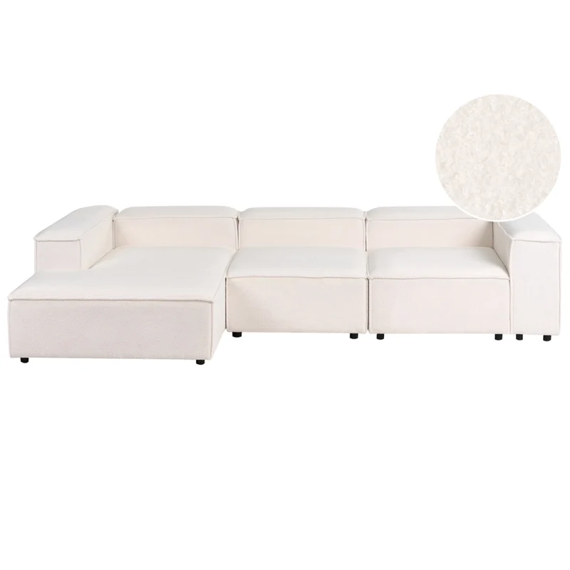 Divano moderno lato destro a 4 posti in tessuto bouclè bianco sporco e stile moderno contemporaneo