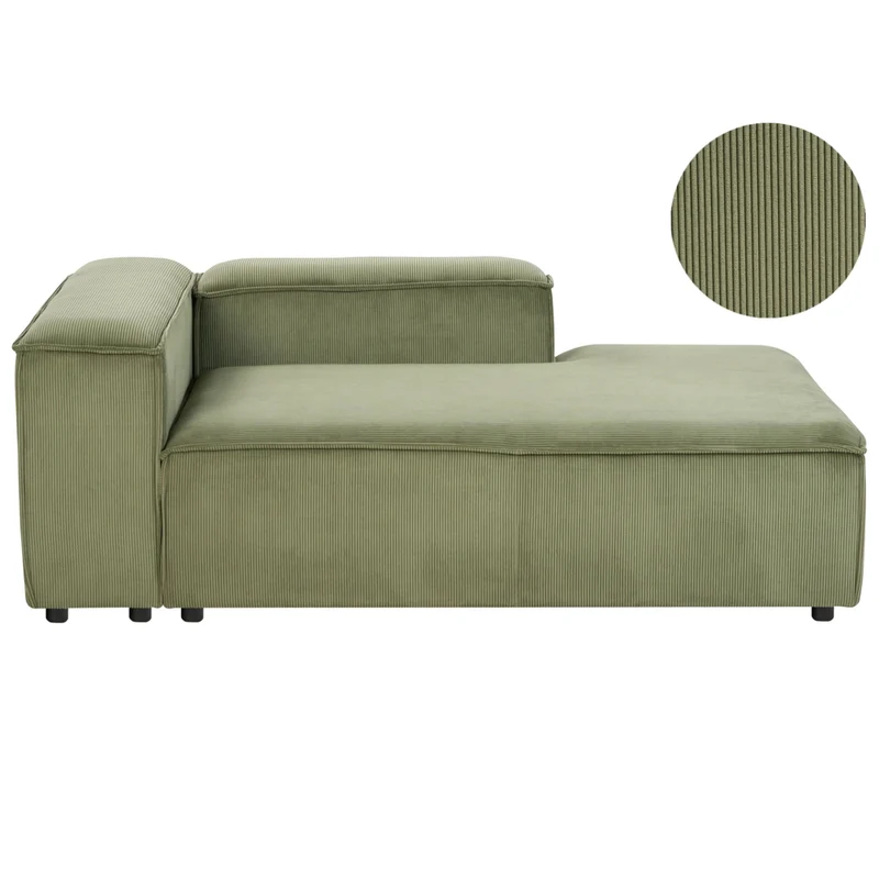 Chaise longue in velluto a coste poliestere verde lato sinistro gambe nere imbottite Soggiorno moderno