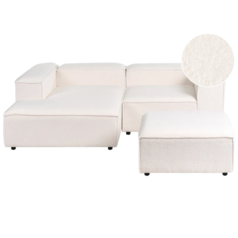 Divano angolare lato destro a 3 posti in tessuto bouclè bianco sporco con ottomana stile moderno contemporaneo