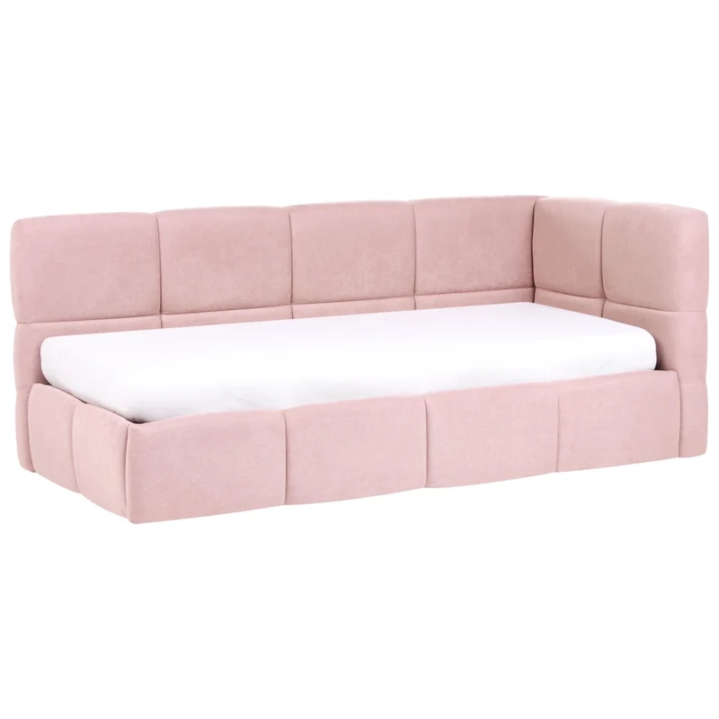 Divano letto imbottita in tessuto rosa lato destro 90x200 cm con pouf contenitore a forma di L