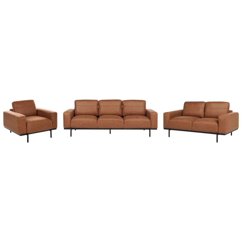 Set da salotto moderno in ecopelle Divani e poltrona Schienale rifinito Gambe in metallo marrone classico salotto moderno