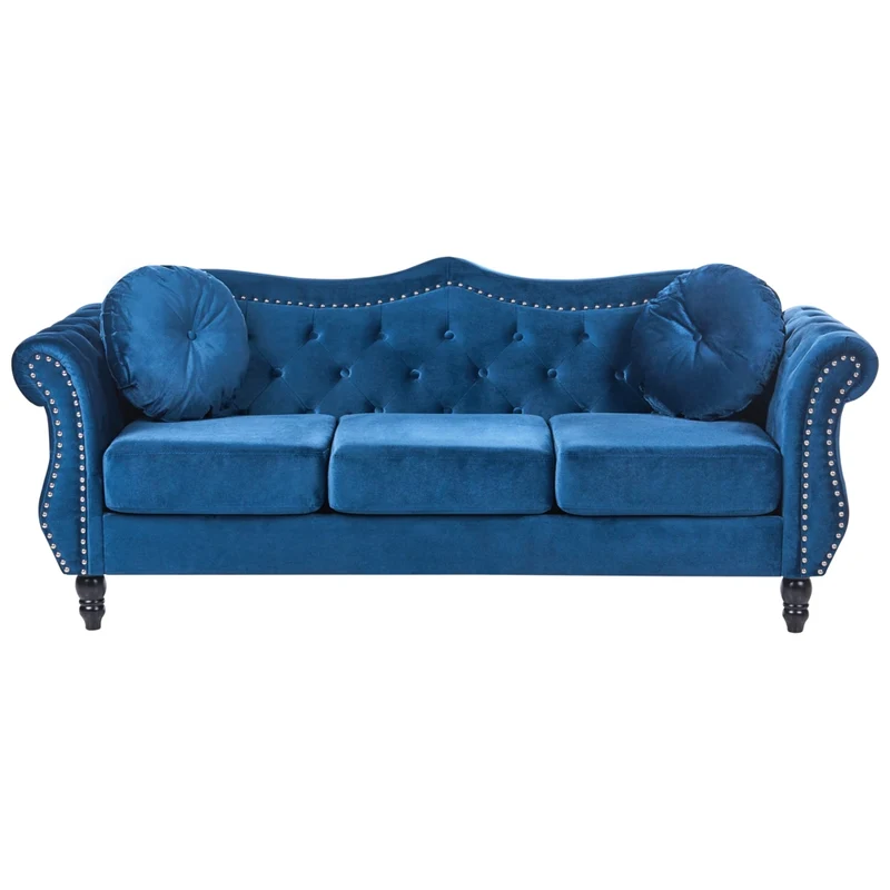 Divano Velluto Blu 3 Posti Testa Chiodo Bottone Cuscini Trapuntati Braccia Arrotolate Glam