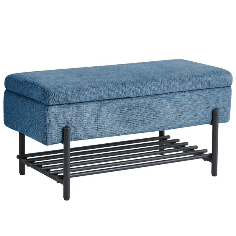 Panca contenitore Rivestimento in tessuto blu Gambe in metallo idrorepellente Piano sollevabile