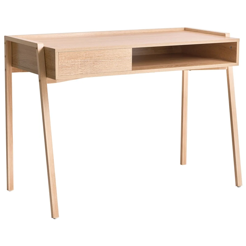 Scrivania da ufficio per casa in truciolato marrone chiaro con gambe in ferro 107 x 48 cm con ripiano e cassetto Minimalista