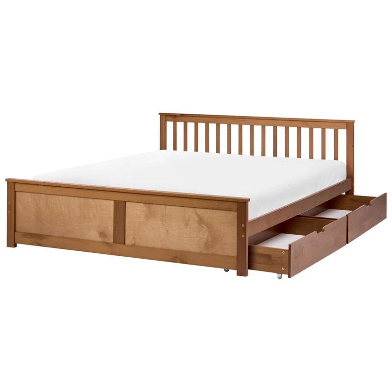 Letto matrimoniale in legno di Pino marrone con contenitore e 2 cassetti 180 x 200 cm Testiera a doghe minimalista