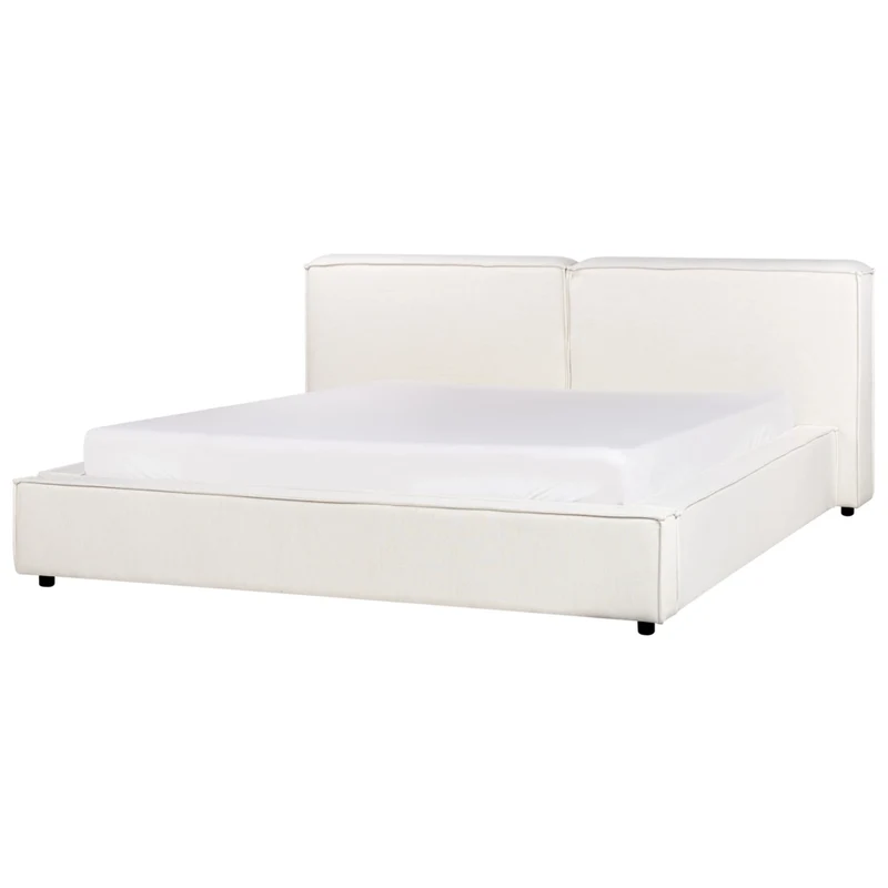 Letto EU King Size Bianco Sporco rivestito in tessuto 180 x 200 cm Base a doghe con spessa testiera imbottita e pediera