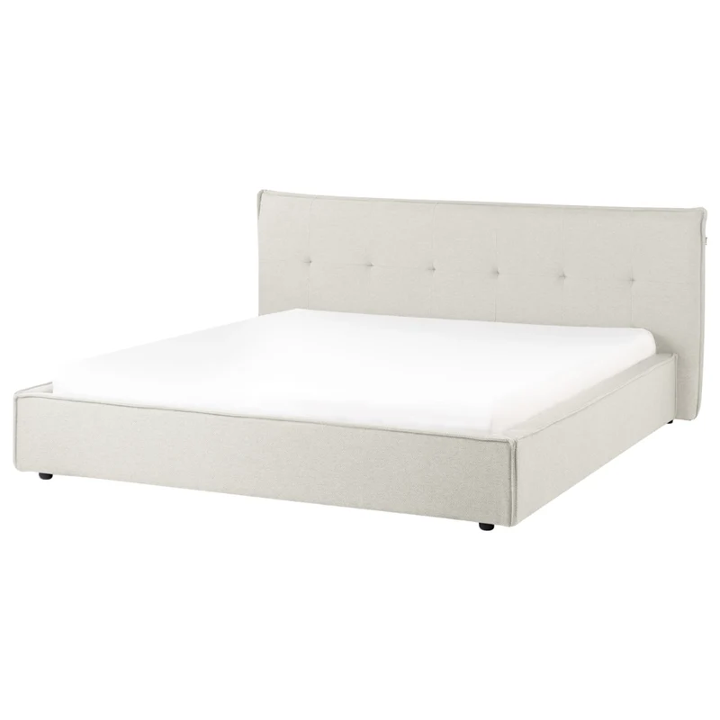 Letto 180 x 200 cm rivestimento in tessuto di lino bianco sporco e gambe nere, con testiera e struttura a doghe per la camera da letto.