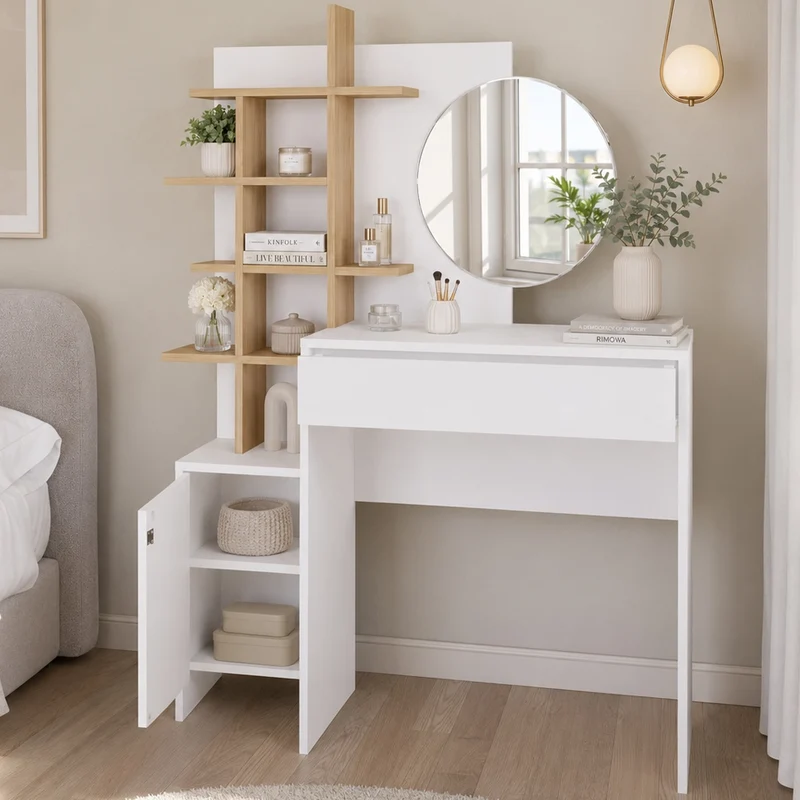 Toeletta Trucco 105x35x151 cm Postazione Make Up con Specchio Rotondo Bianco e Mensole Quercia