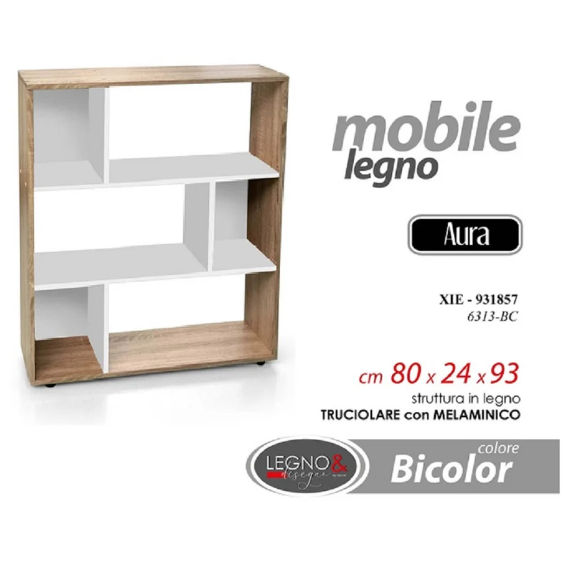 Mobile Libreria Aura Bianco E Rovere 80x24xh.93 Cm