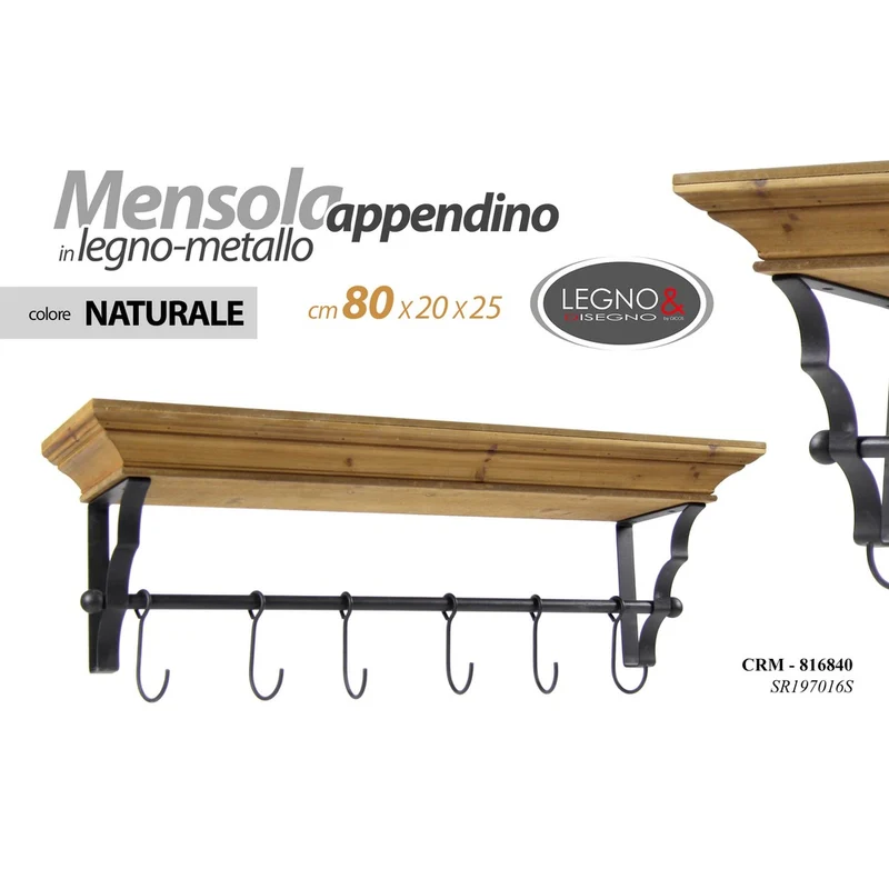 Mensola Appendino Da Parete 6 Ganci In Metallo 80x