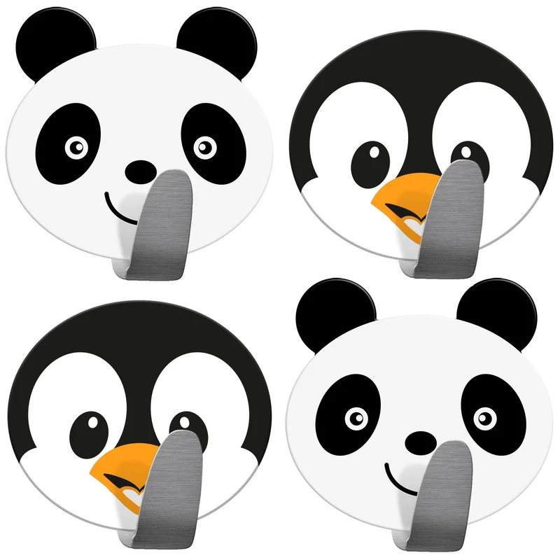 Tatkraft Friends Confezione da 4 Ganci Autoadesivi per Bambini, Ideale per Asciugamani e Accappatoi, set di 2 Panda 2 Pinguini
