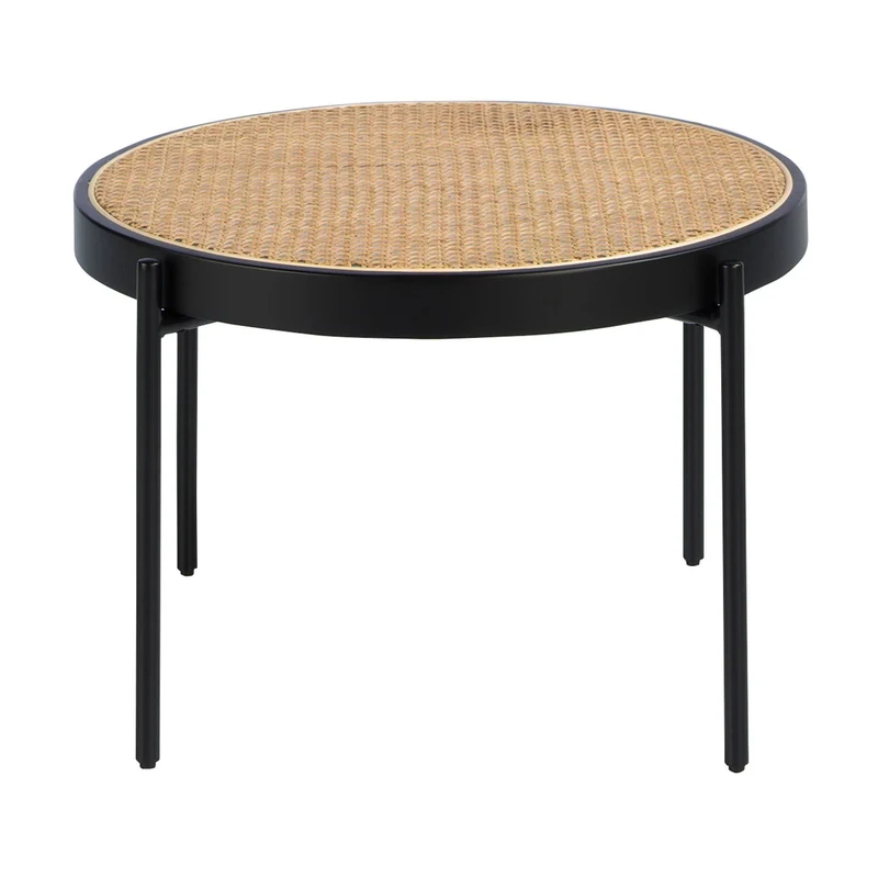 Tavolino rotondo in rattan, legno nero e acciaio nero