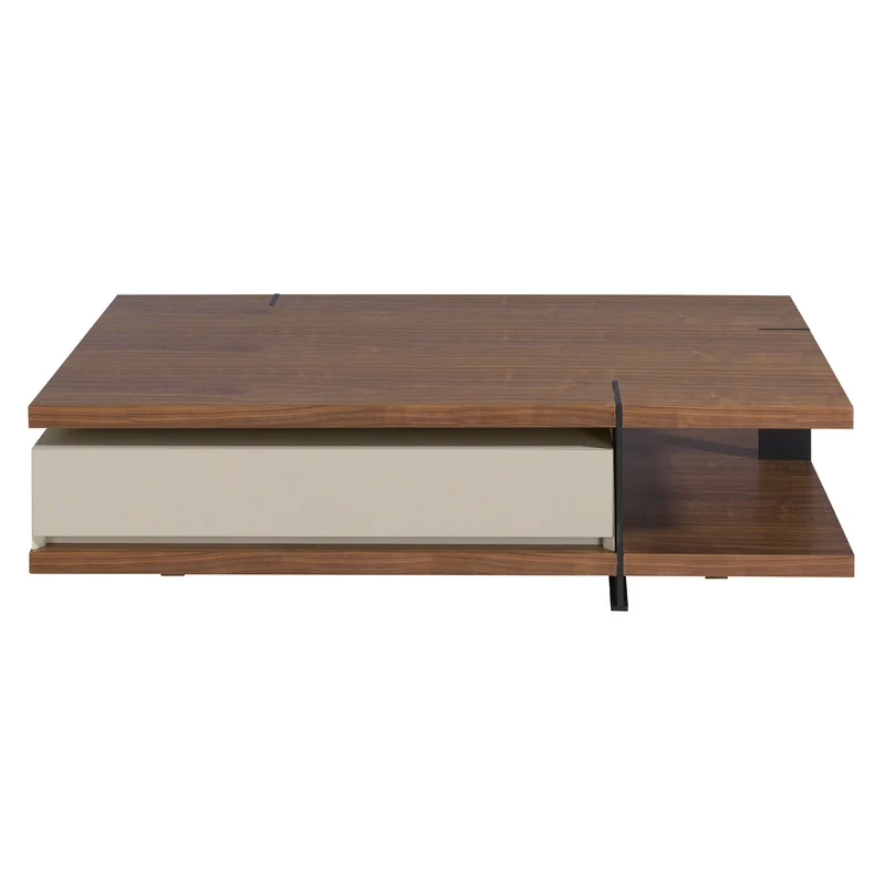Tavolino rettangolare in noce, legno beige e acciaio nero