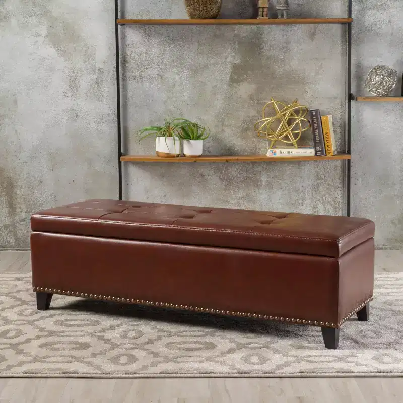 Pouf Contenitore in Pelle Marrone - Spazio Nascosto, Poggiapiedi, Seduta Extra