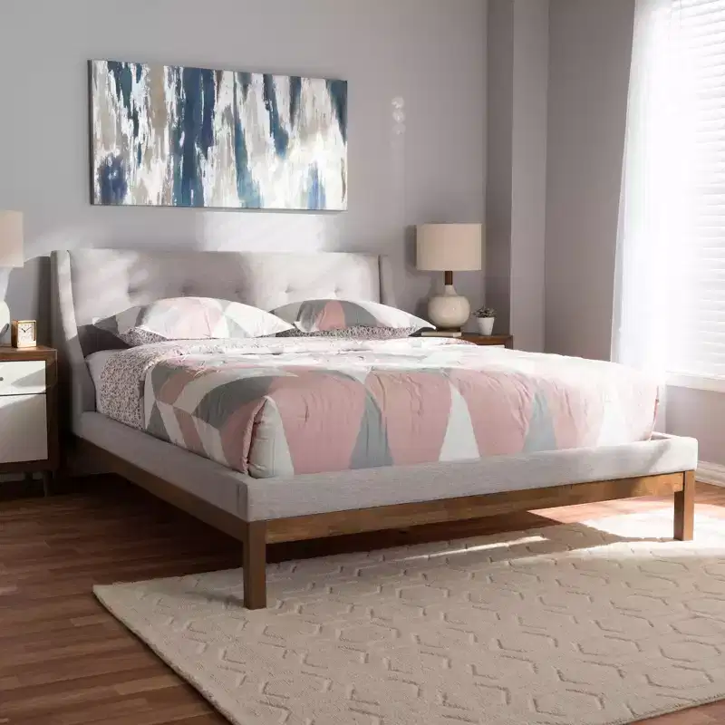 Letto a Piattaforma Moderno Rivestito in Tessuto Beige-Grigiastro - Gambe Finitura Noce