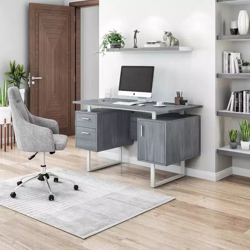 Scrivania Moderna per Ufficio con Contenitore Grigia - Piano Sospeso, Classificatore, Eleganti Gambe in Metallo