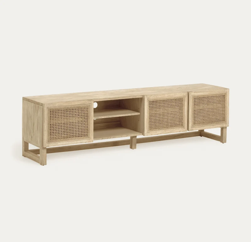 Mobile TV Rex 3 ante in legno massello e impiallacciatura mindi con rattan 180 x 50 cm