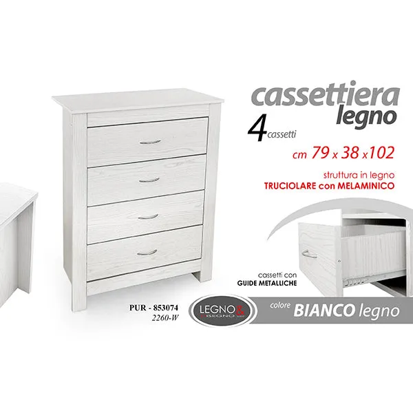 Cassettiera Legno 4 Cassetti Bianca 79x38x102 Cm