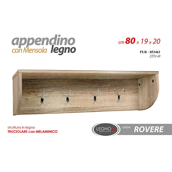 Appendiabiti Da Parete 4 Ganci Rovere 80x19x20cm