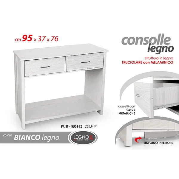 Consolle Legno 2 Cassetti 1 Vano Bianco 95x37x76cm