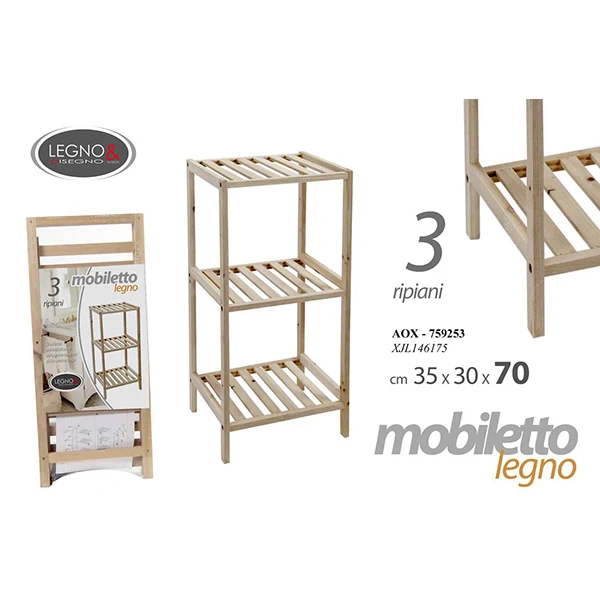 Mobiletto In Legno 3 Ripiani 35x30x70 Cm