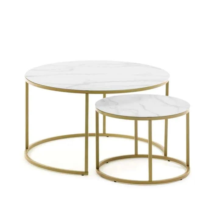 Set di 2 tavolini ALBA in marmo bianco e oro Ø 80 cm / Ø 50 cm