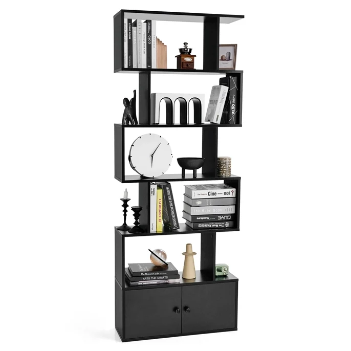 Costway - Libreria, Libreria con ante, Scaffali, forma di S a 5 livelli con ante, Libreria moderna, in legno per il soggiorno l'ufficio, Nero