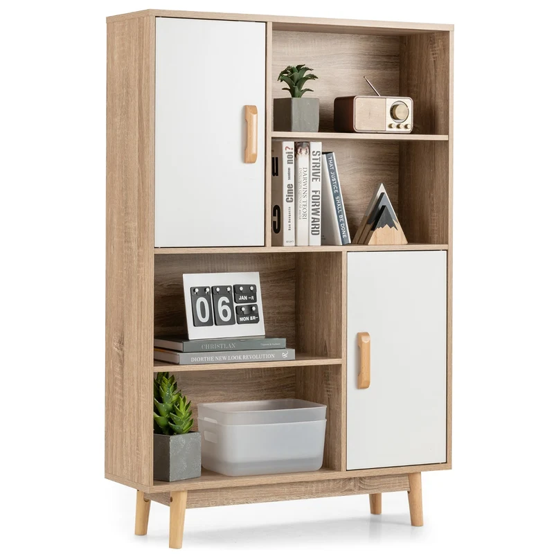 Costway - Armadietto, Libreria, Libreria con ante, Libreria moderna, con 4 livelli e 4 mensole aperte, Libreria di legno per libri foto, Beige Bianco