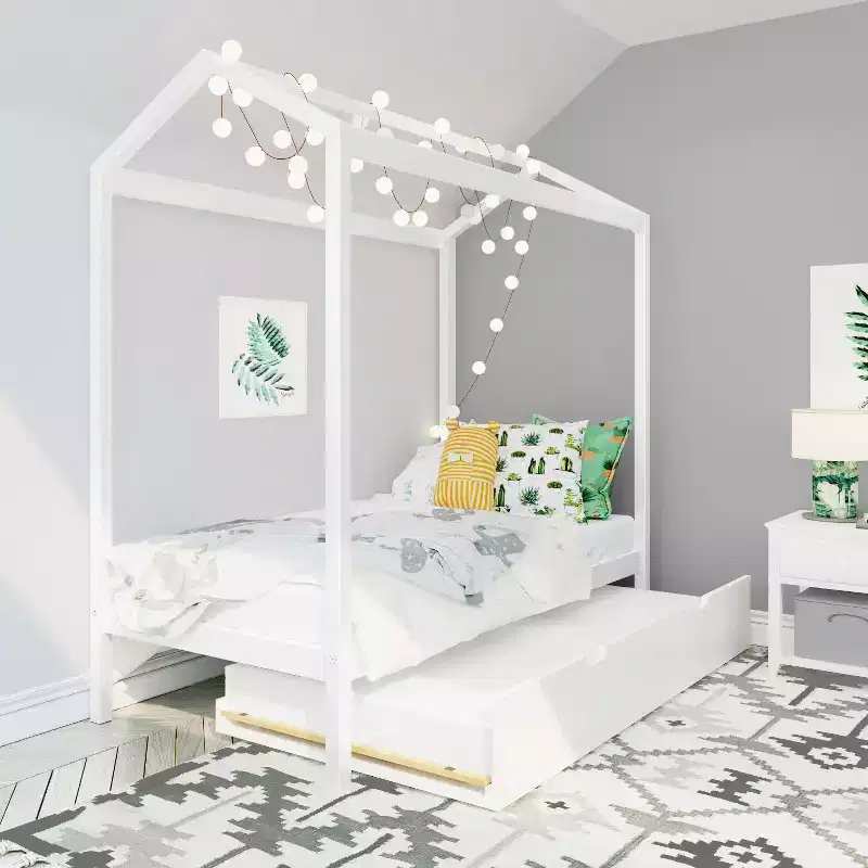 Struttura letto a casetta in legno massello per bambini, con letto estraibile contenitore e tetto, misura singola