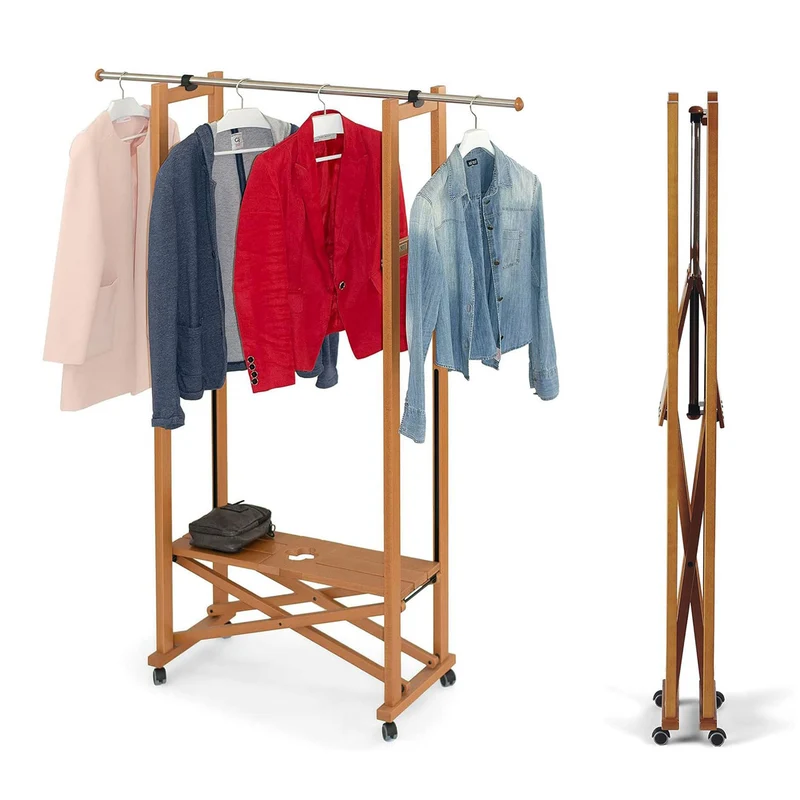 ARIT ELIOS - Rella Appendiabiti in Legno, Faggio, con Ruote, Armadio, Made in Italy, Stand Appendiabiti Pieghevole, Rella Estensibile, Colore Ciliegio