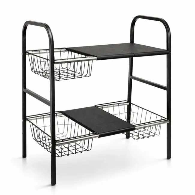 Scaffale Sottolavello Organizer 2 Livelli con Cestini Estraibili Nero