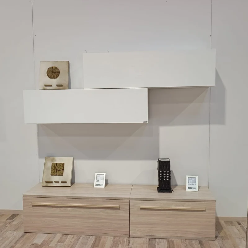 Parete Attrezzata Easy Olmo | Base TV Effetto Legno e Pensili Sospesi Bianchi