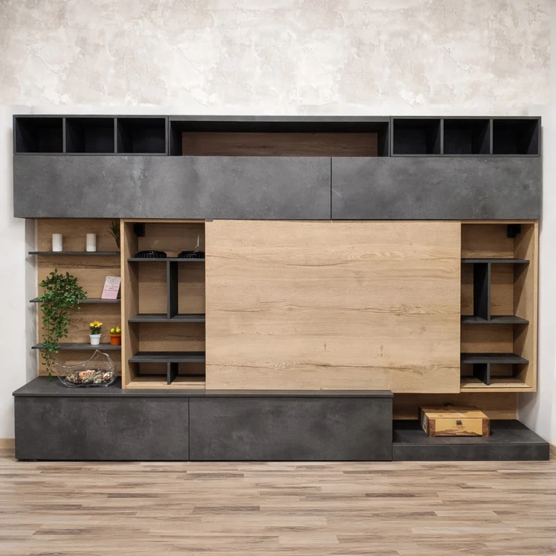 Parete Attrezzata Mod.03 con Pannello Scorrevole | Design Moderno Cemento e Legno