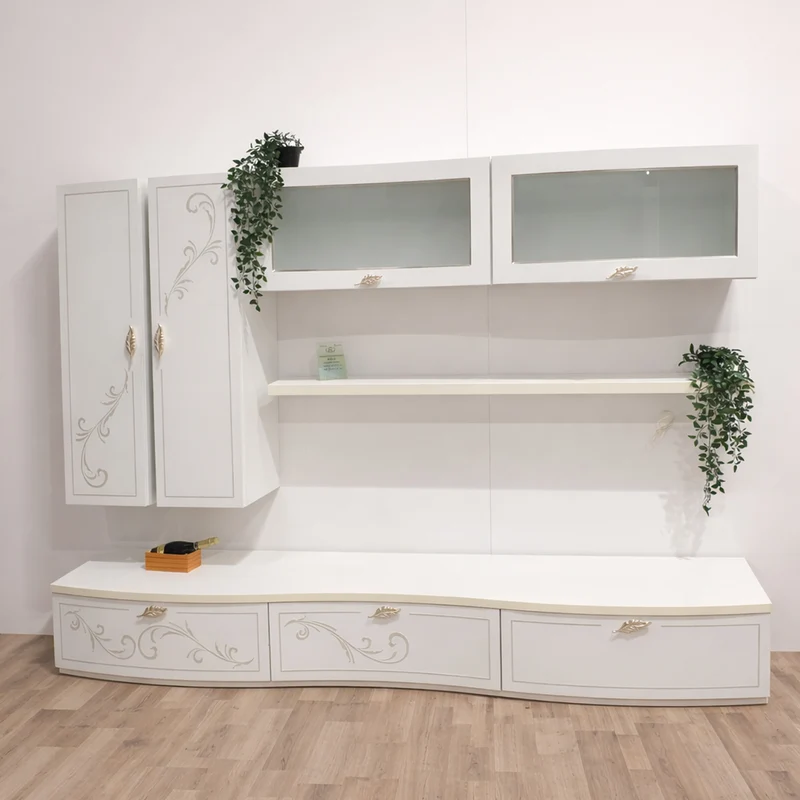 Parete Attrezzata Modello05 Bianca | Design Elegante con Pensili in Vetro e Base Curva