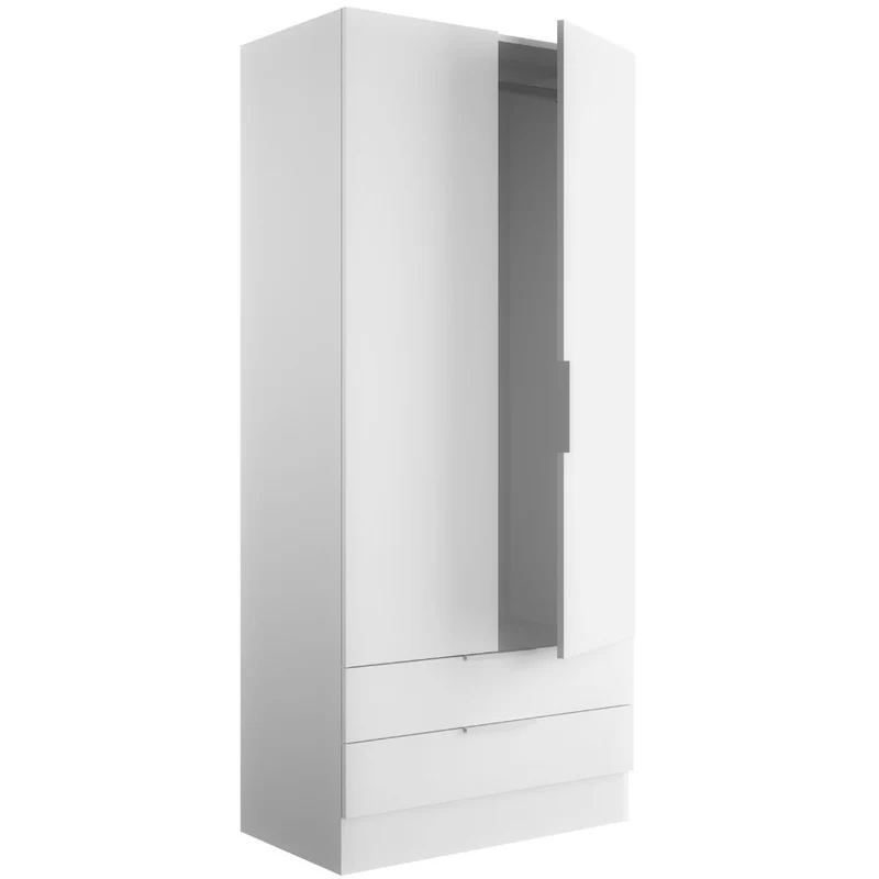2-Door, 2-Drawer Wardrobe, Multipurpose Wooden Coat Rack, White – 82x46x184 cm