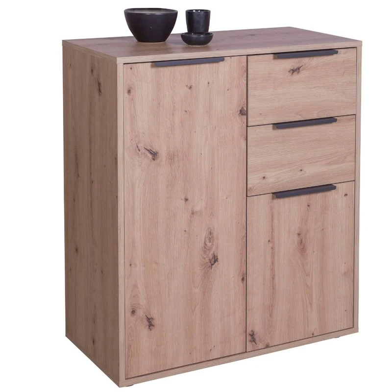 Multipurpose Cabinet with 2 Doors and 2 Drawers and Wooden Shelves - 72x35x88 cm Oak