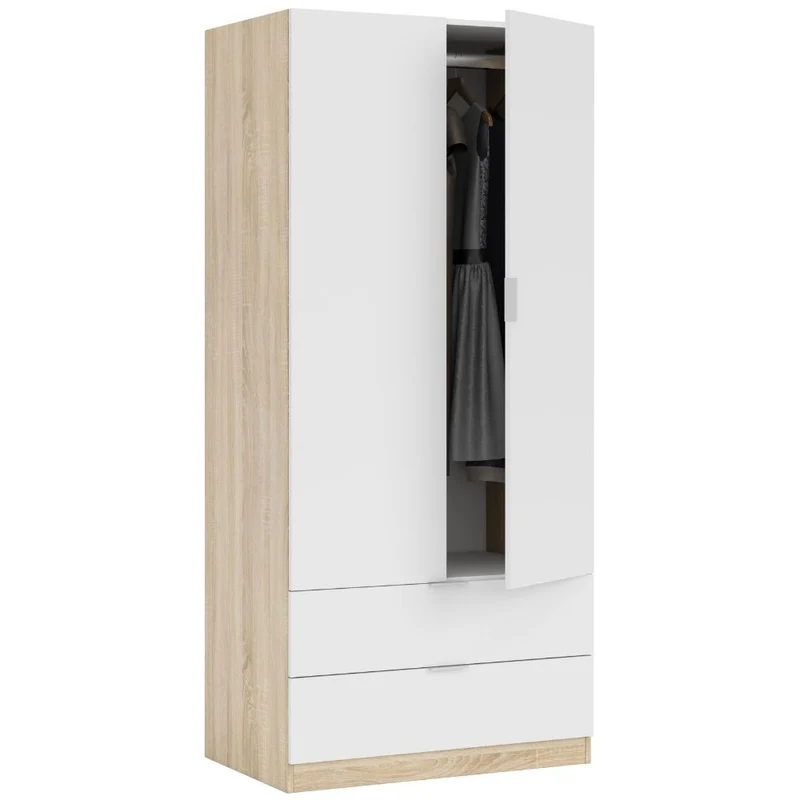 Mobile Wardrobe with 2 Doors and 2 Drawers, Multipurpose Coat Rack with Chipboard Shelves – White and Oak 80x52x180 cm