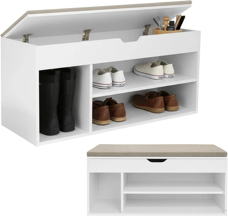 Panca scarpiera con seduta imbottita 4 scomparti bianco o rovere