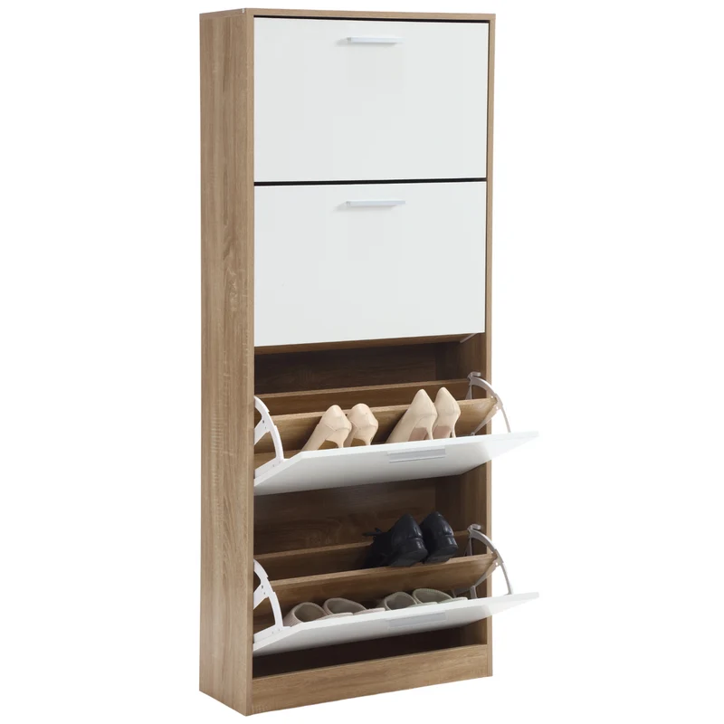 Space-Saving Shoe Cabinet with 4 Double Doors, Oak and White, 63x24x155h cm