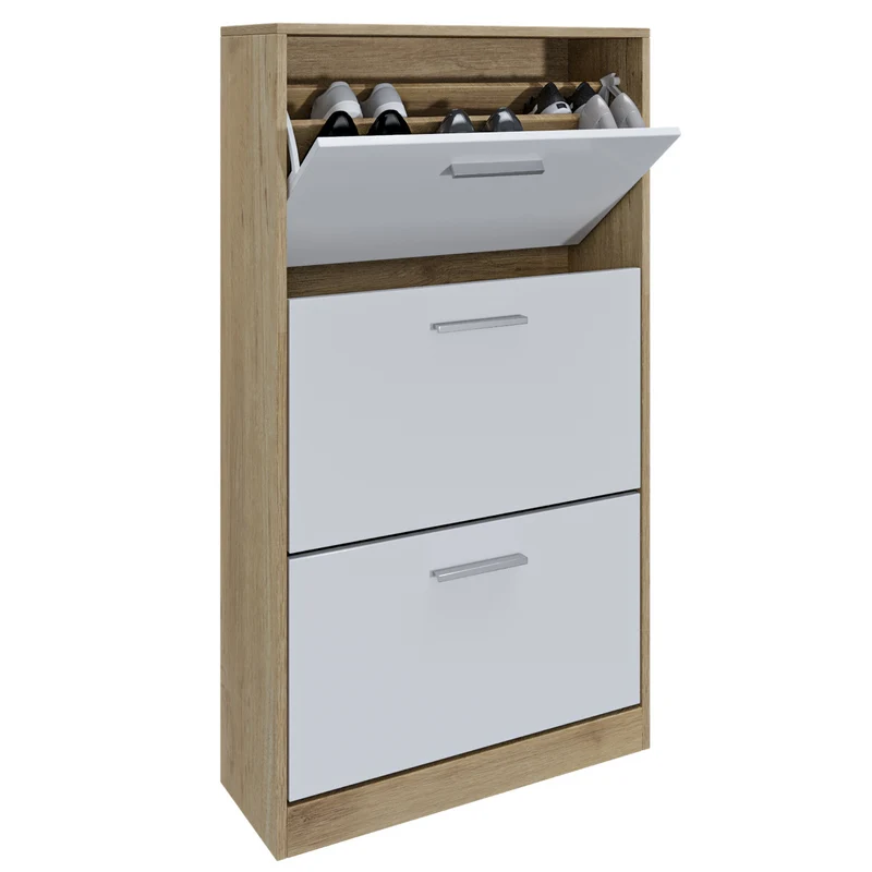 Space-Saving Shoe Cabinet for Entrance 3 Double Flip-Down Doors White Oak Melamine