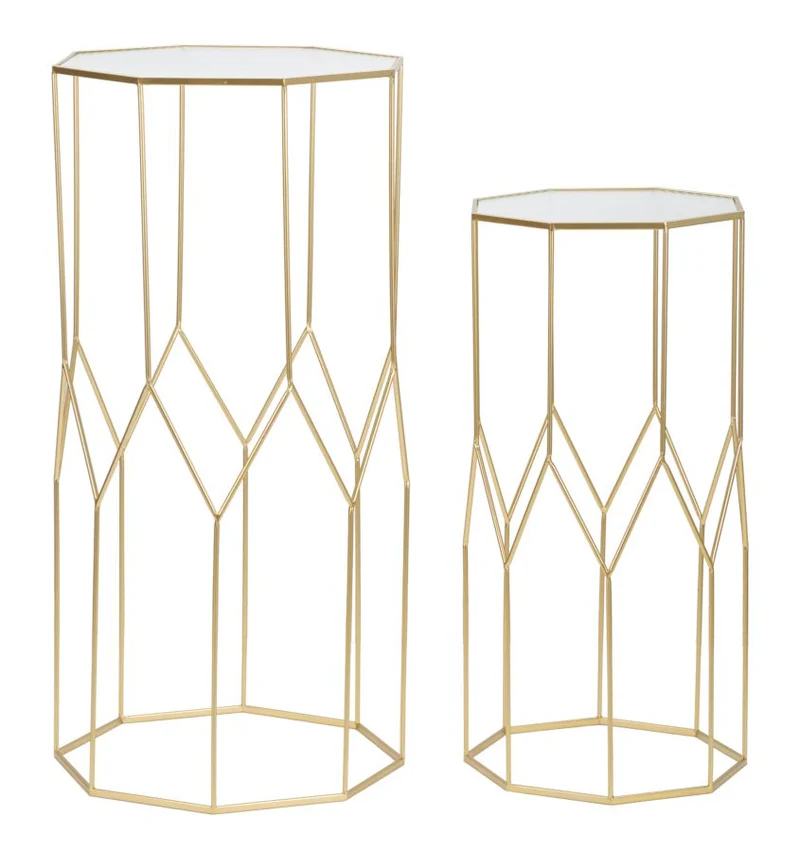 Tavolino Soggiorno New Glass Coppia 50x46x100 cm - 40x37x80 cm in Ferro e Vetro Oro