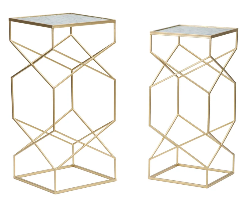 Tavolinetti Glassy Coppia 31,5x31,5x68 cm - 28x28x64 cm in Ferro e Vetro Oro